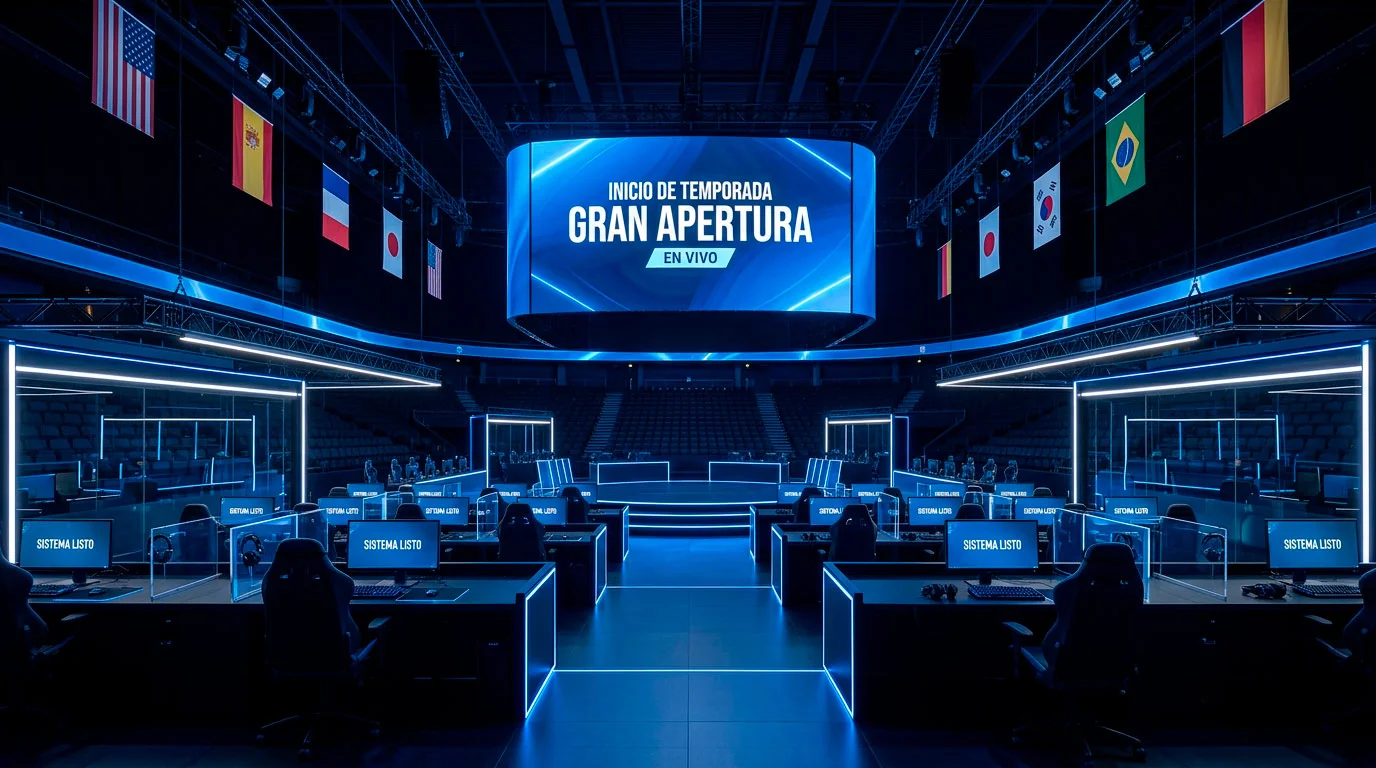 Entrada al escenario del First Stand con banderas regionales y logotipo del torneo de inicio de temporada LoL