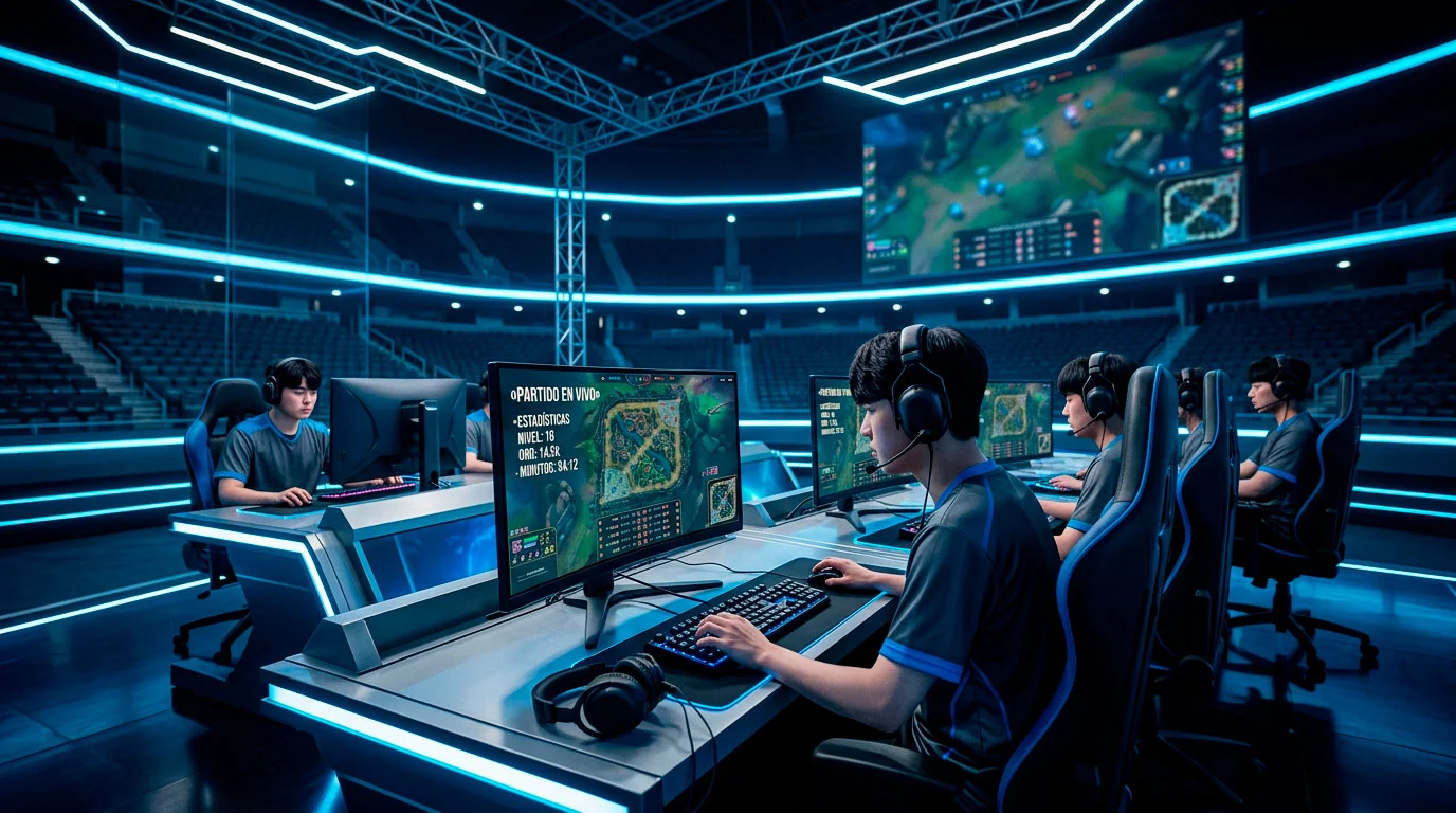 Plantilla de Gen.G en el escenario de un playoff de LCK con luces azules y logo del equipo