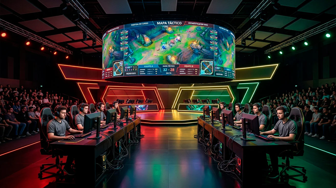 Escenario de la Iberian Cup con banderas de España y Portugal antes del choque ibérico de LoL