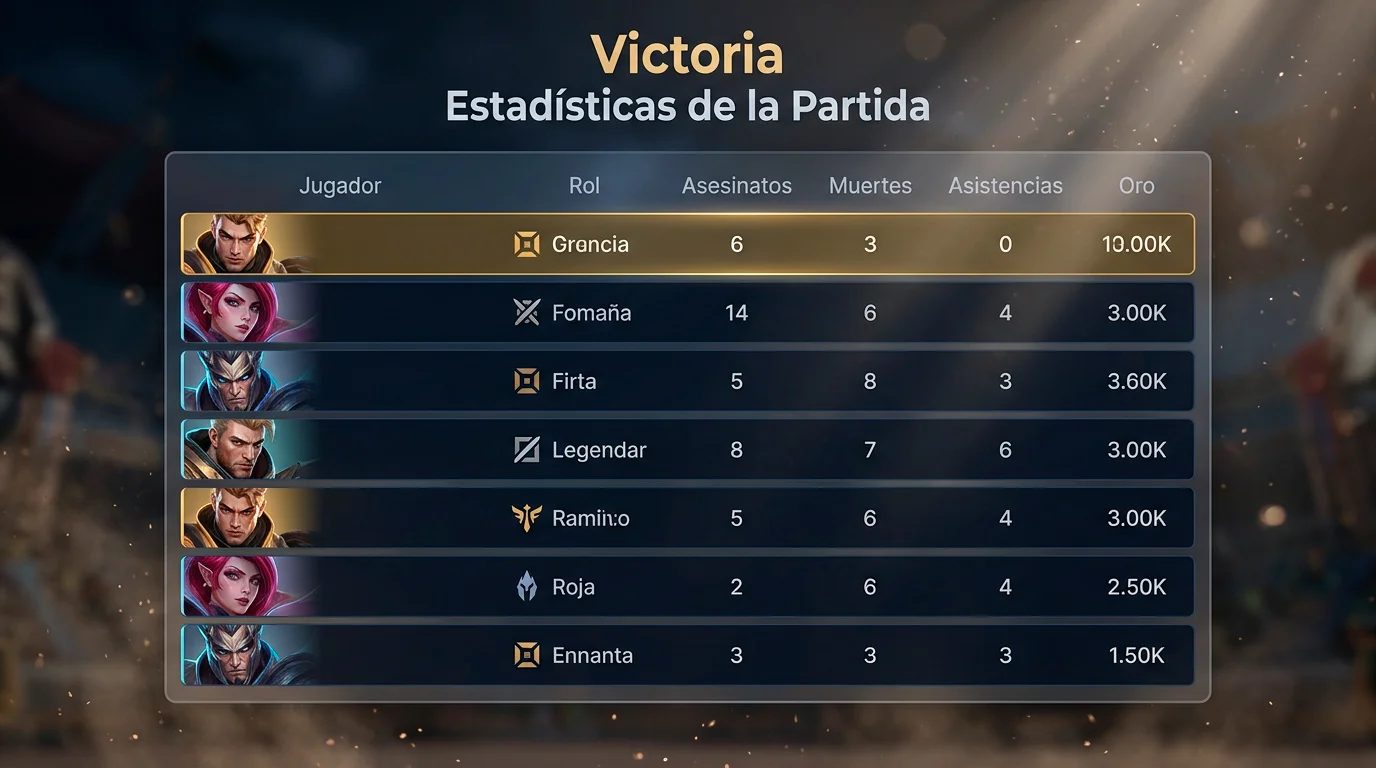 Tabla de estadísticas individuales por rol en una partida de League of Legends profesional con kills, asistencias y KDA
