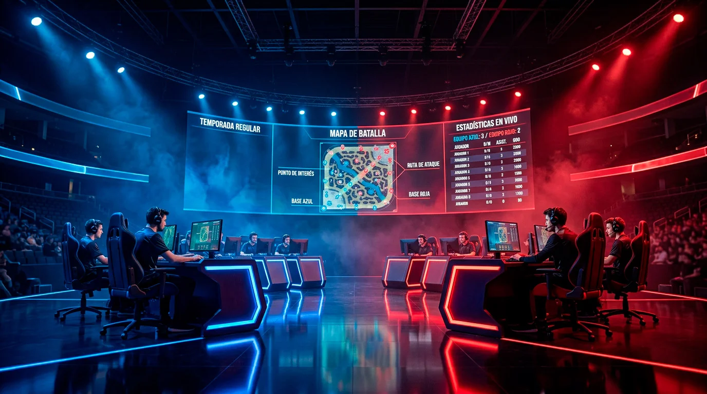 Escenario del LCK con mesas de jugadores y pantalla gigante durante un split regular de la liga coreana de League of Legends