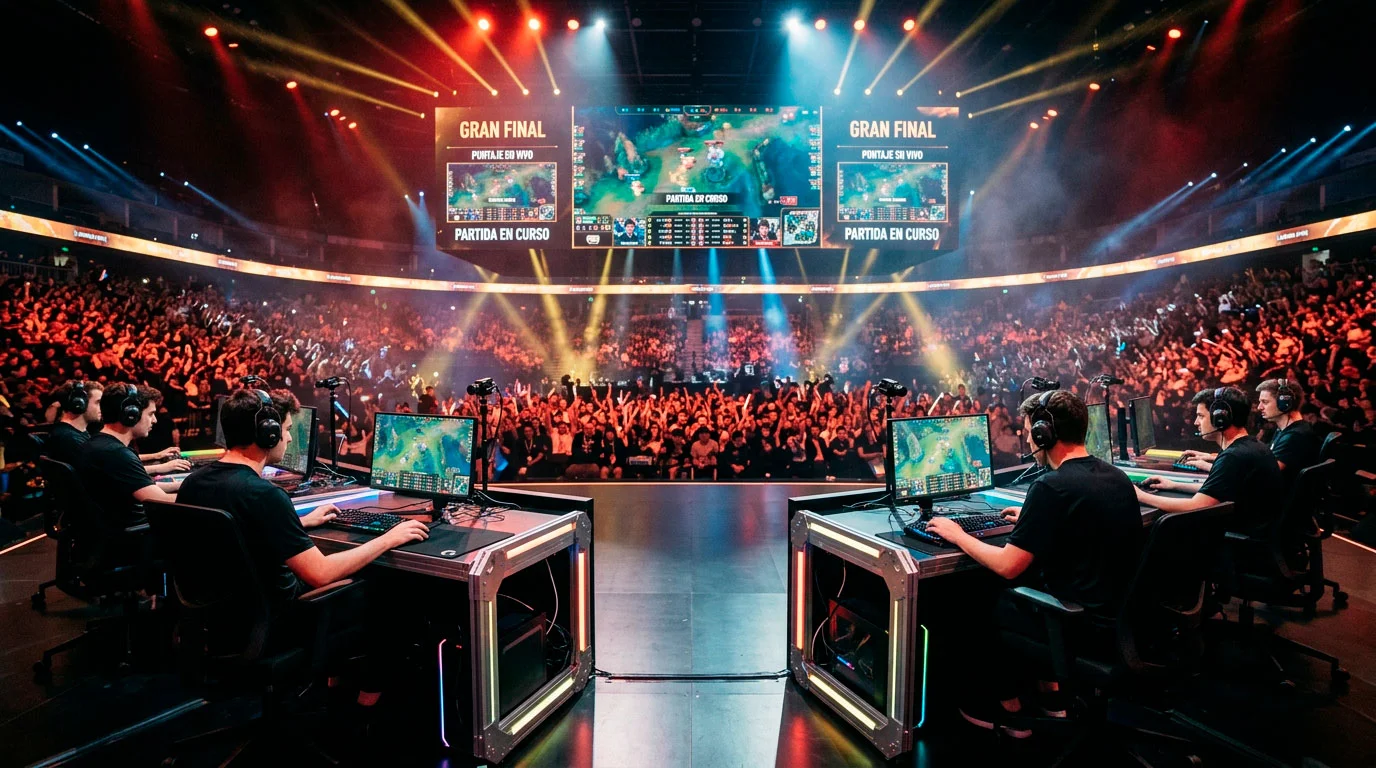 Escenario del LPL chino durante un partido de playoffs con público y pantalla de marcador