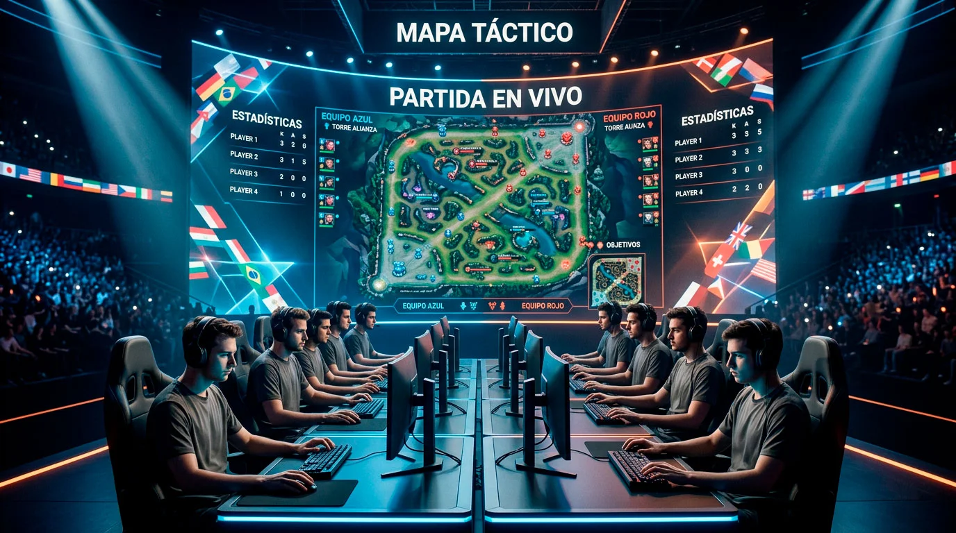 Escenario del MSI con bracket internacional y pantallas de cuotas antes del choque de regiones de League of Legends