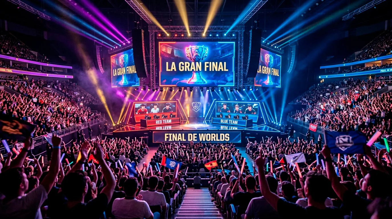 Escenario del Mundial de League of Legends con pantallas gigantes y gradas llenas durante la final Worlds 2025