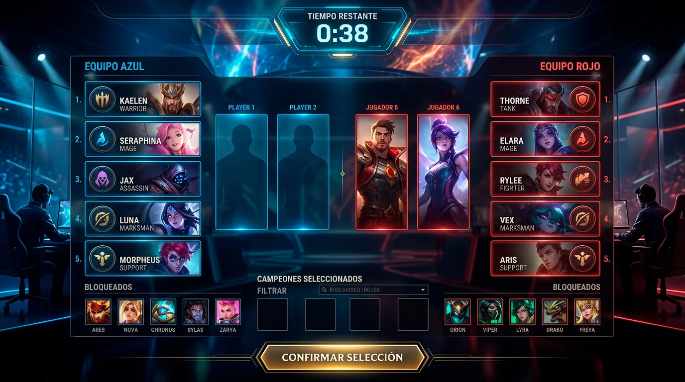 Pantalla de picks y bans de una partida de LoL profesional con el timer activo y composiciones en desarrollo