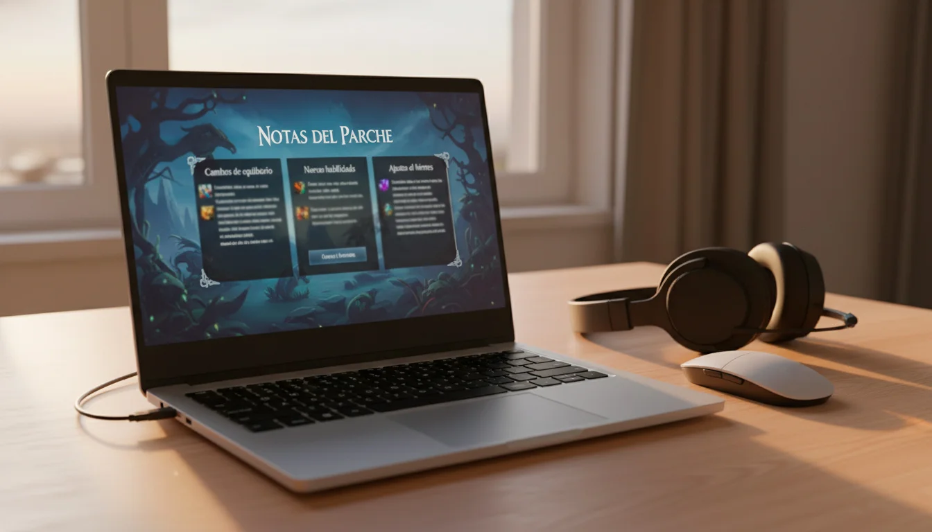 Notas de parche de League of Legends con cambios de balance de campeones afectando a una tabla de apuestas
