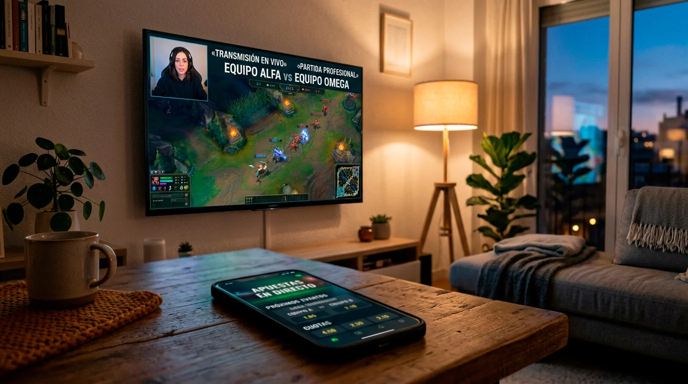 Pantalla dividida con stream de League of Legends en Twitch y panel de apuestas live de una casa de apuestas española