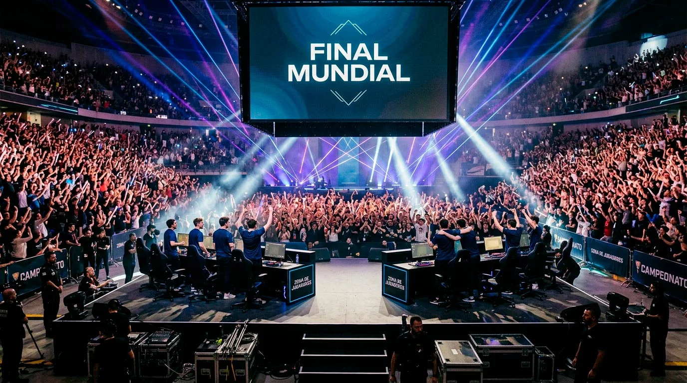 Escenario de la final de Worlds de League of Legends con público y luces del evento